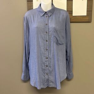 Free People Blue Rayon Blend Button Down Shirt with Collar and Pocket- Medium